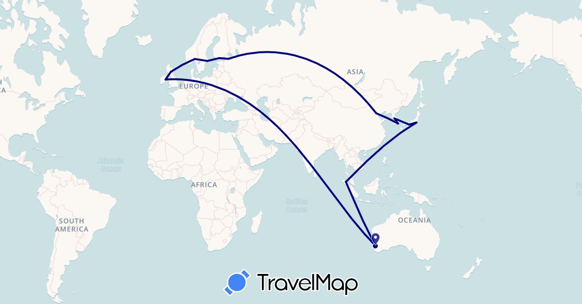 TravelMap itinerary: driving in Australia, China, Finland, United Kingdom, Indonesia, Ireland, Japan, South Korea, Norway, Russia, Sweden (Asia, Europe, Oceania)